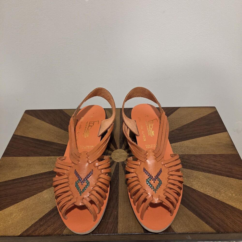 True Vintage 70s Foot Niks Sandals Shoes US 7B Orange Leather Boho Hippie Gypsy - Picture 3 of 11